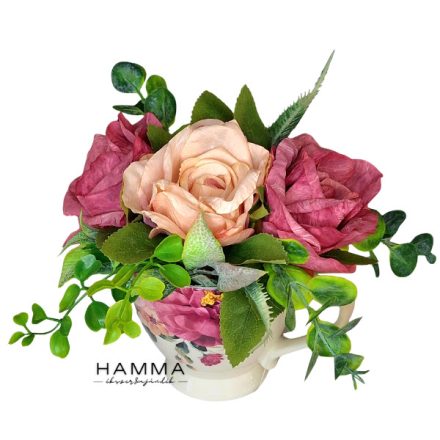 Porceláncsészés művirág asztaldísz